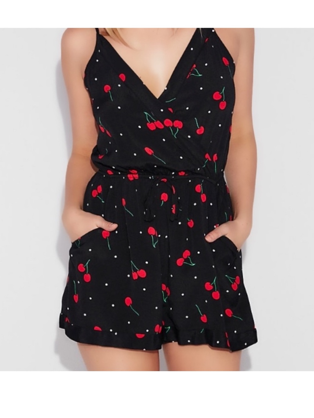 🔴LAST CALL‼️ Express Black Cherry Print Spaghetti Strap Romper